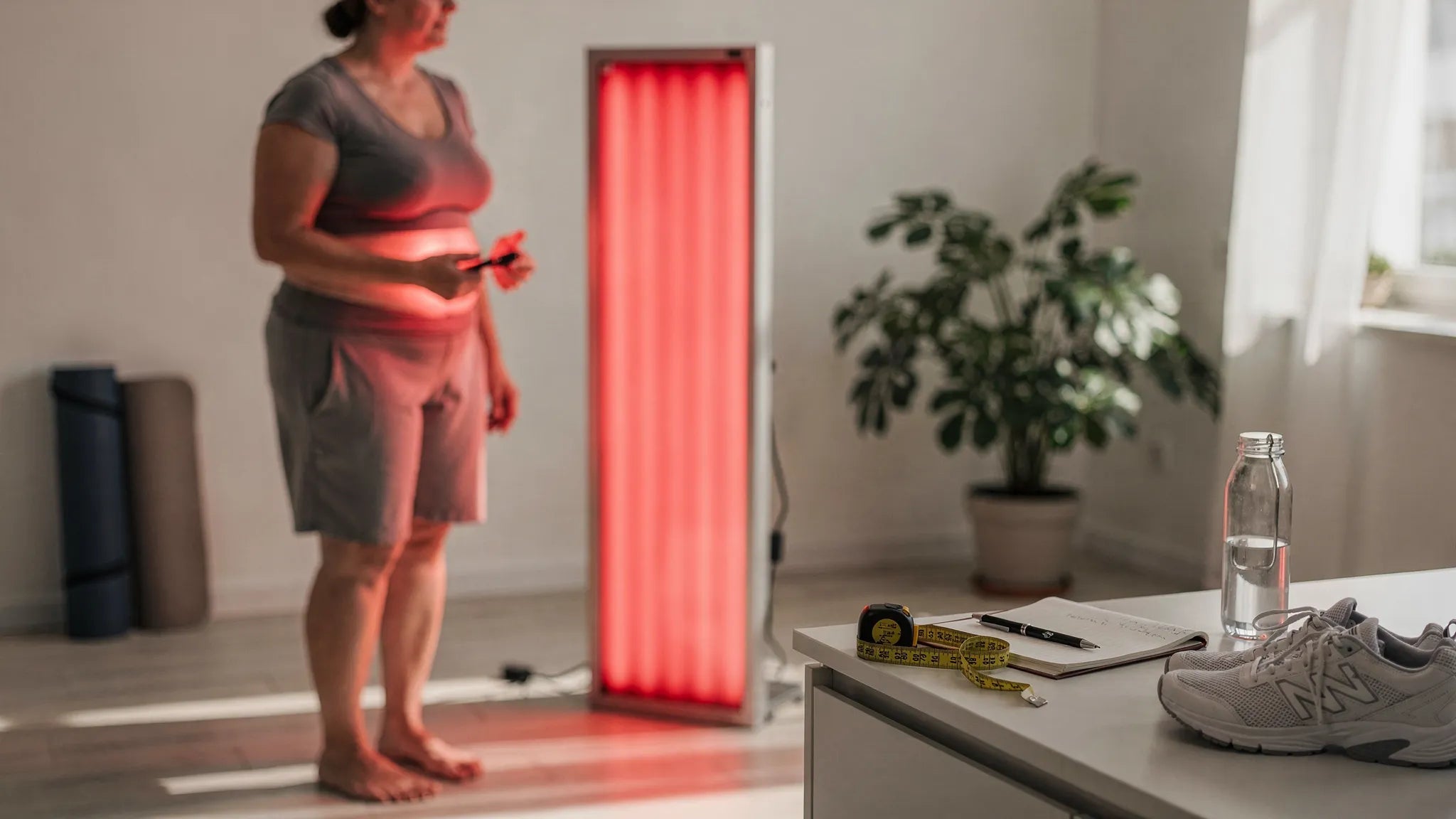 Red light therapy panel positioned near a person's midsection with measuring tape for tracking body contouring progress in this red light therapy for weight loss guide