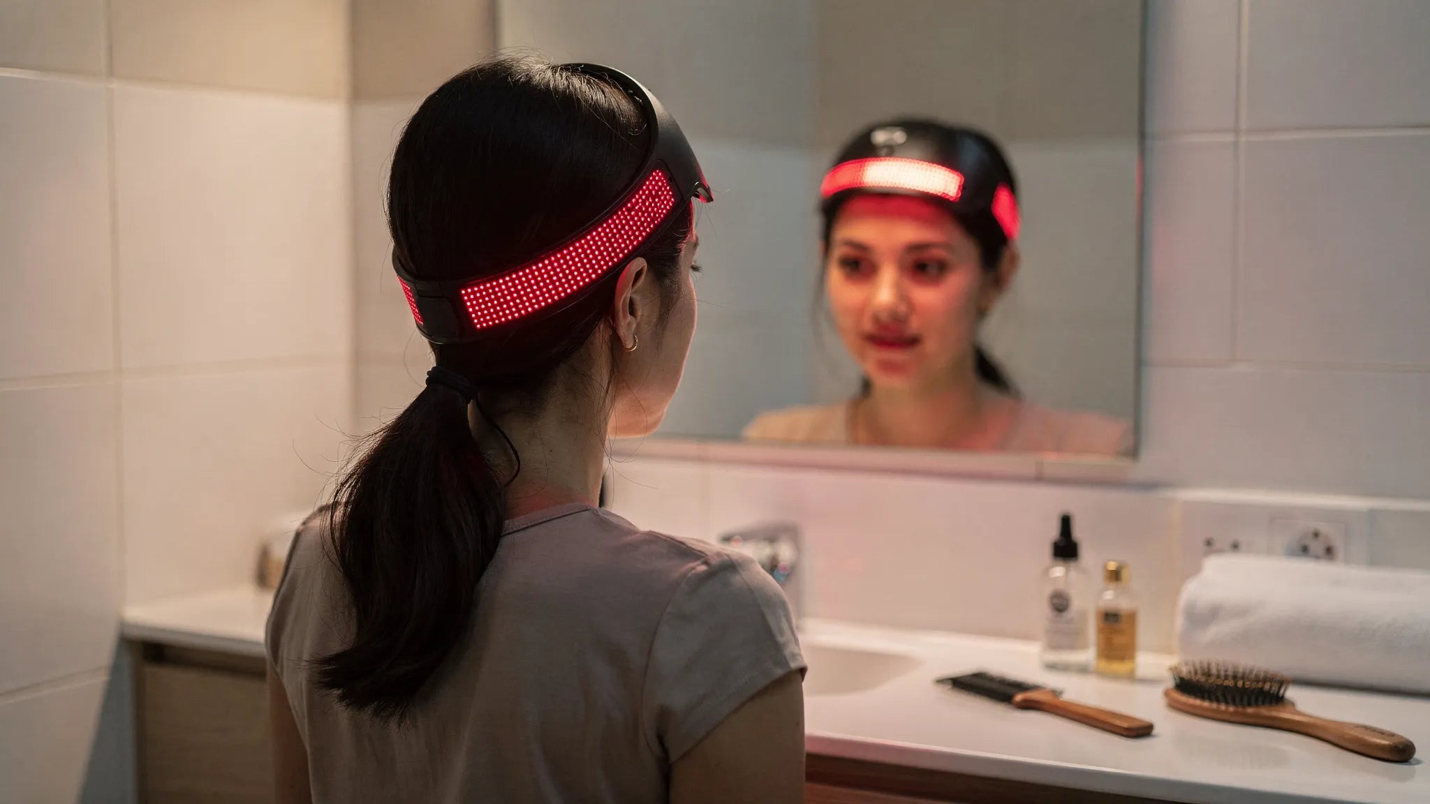 Person wearing a red light therapy cap at home for pattern hair regrowth showing proper red light therapy for hair regrowth device positioning on the scalp