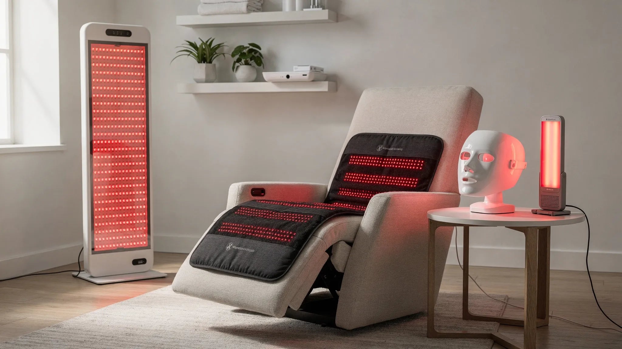 Row of the best red light therapy devices for home use in 2026, including handheld, panel, and full-body options displayed together
