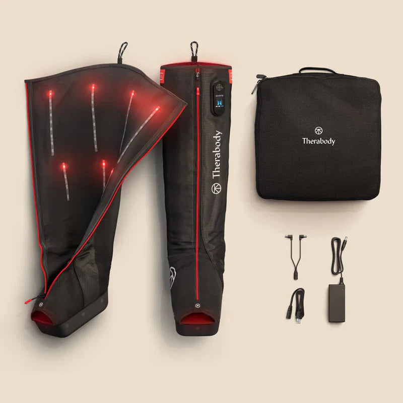 Jetboot Pro Plus review 2026 — Theabody FDA-cleared recovery compression boots with LED indicators, carry bag, and remote controller shown on a neutral backdrop.