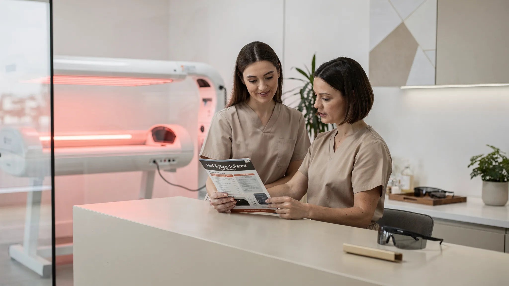 Person searching red light therapy near me on a smartphone map next to a home red light therapy panel, illustrating the at-home alternative to local clinics