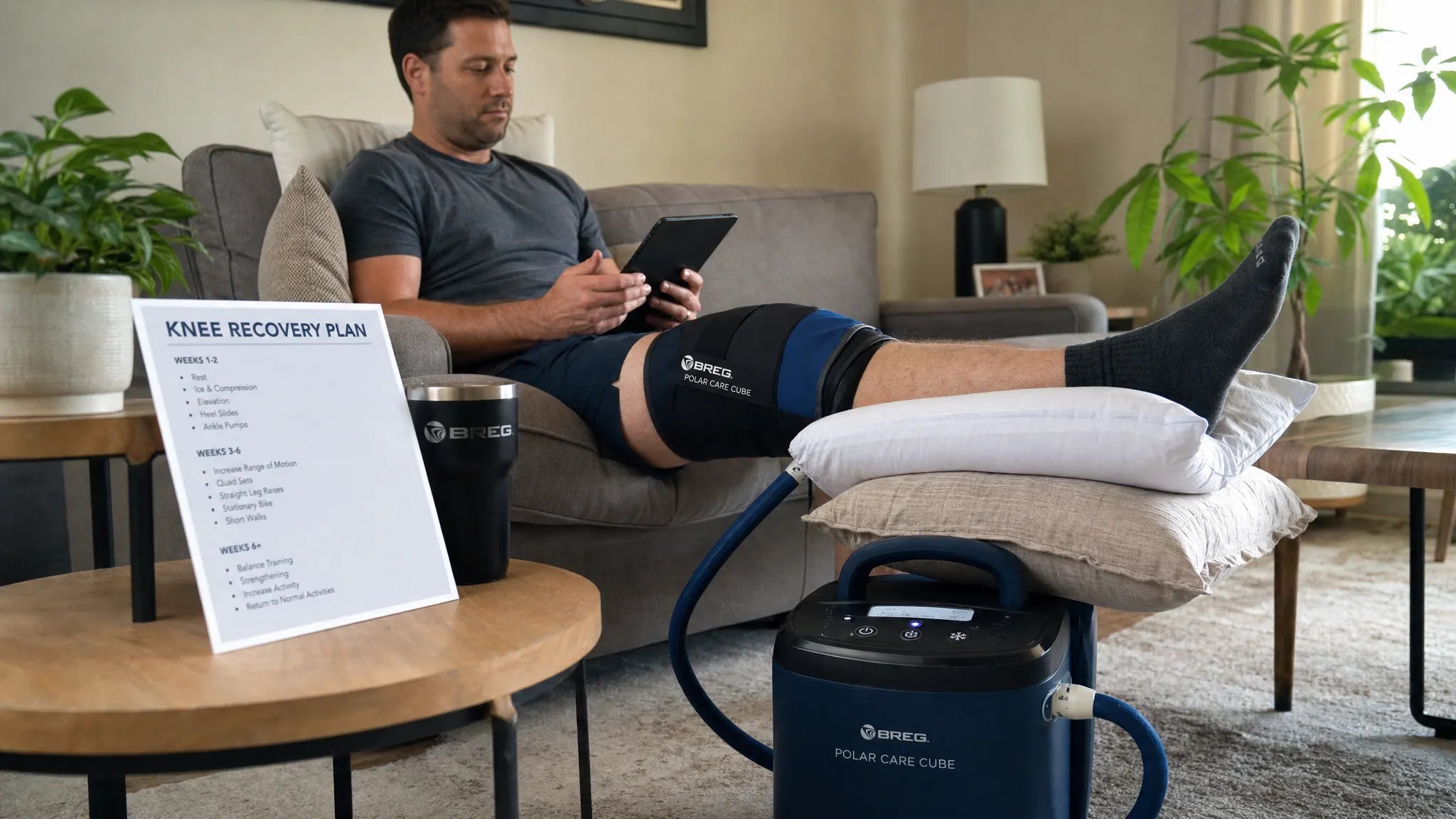 Game Ready cold compression machine with control unit and wrap set up bedside for post-surgery recovery, illustrating proper at-home use