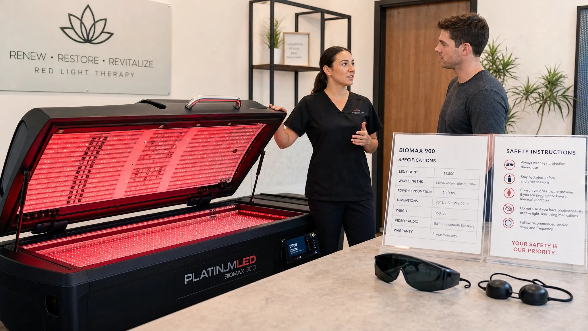 Person comparing red light therapy bed providers by reviewing device specifications and clinical certifications before purchase