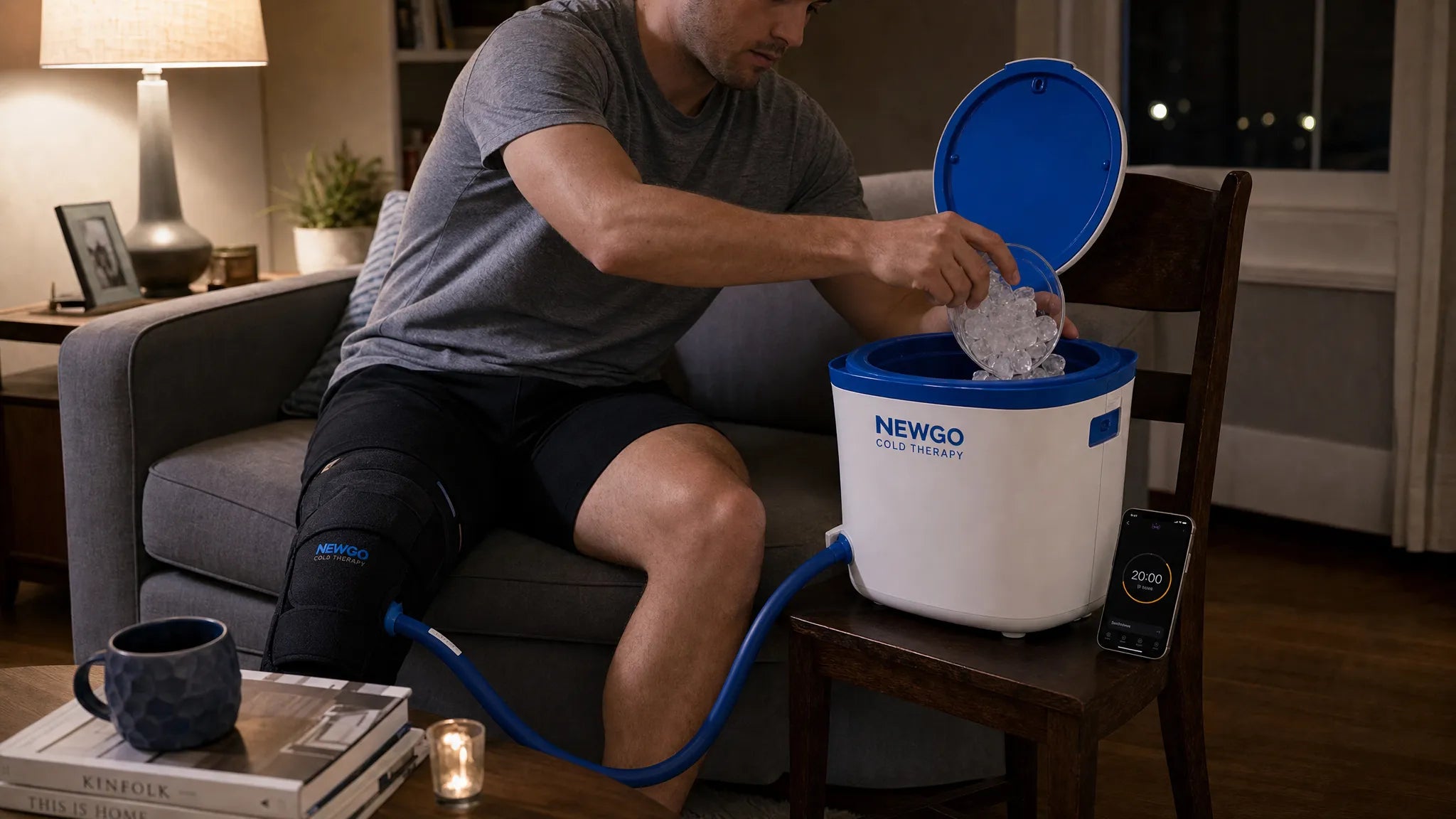 Cold therapy machine circulating chilled water through a knee wrap without a separate ice bucket, showing how cold therapy machines work without ice