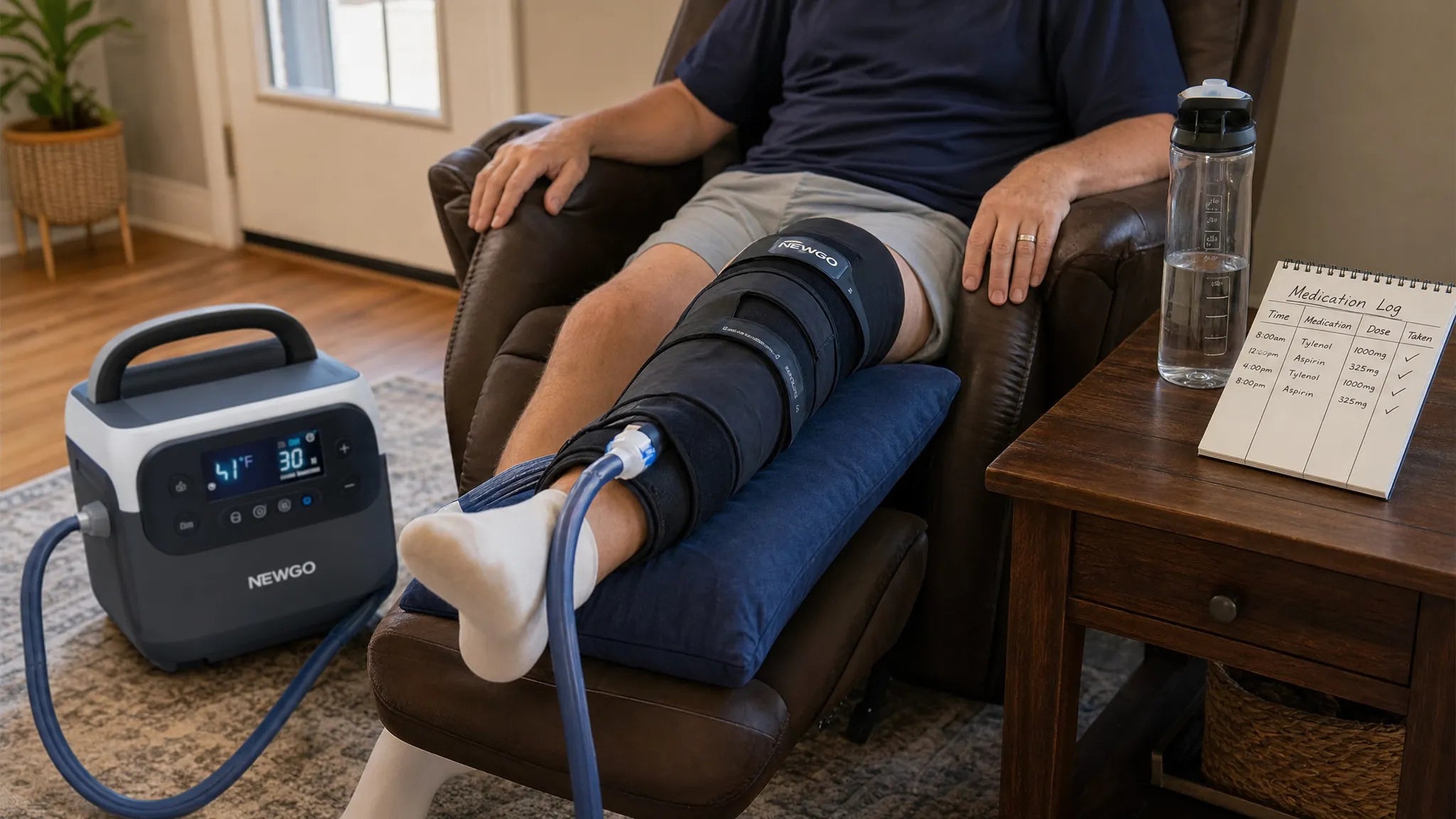 Side-by-side comparison of a controlled cold compression unit and a bag of ice packs applied to a post-surgical knee for swelling control
