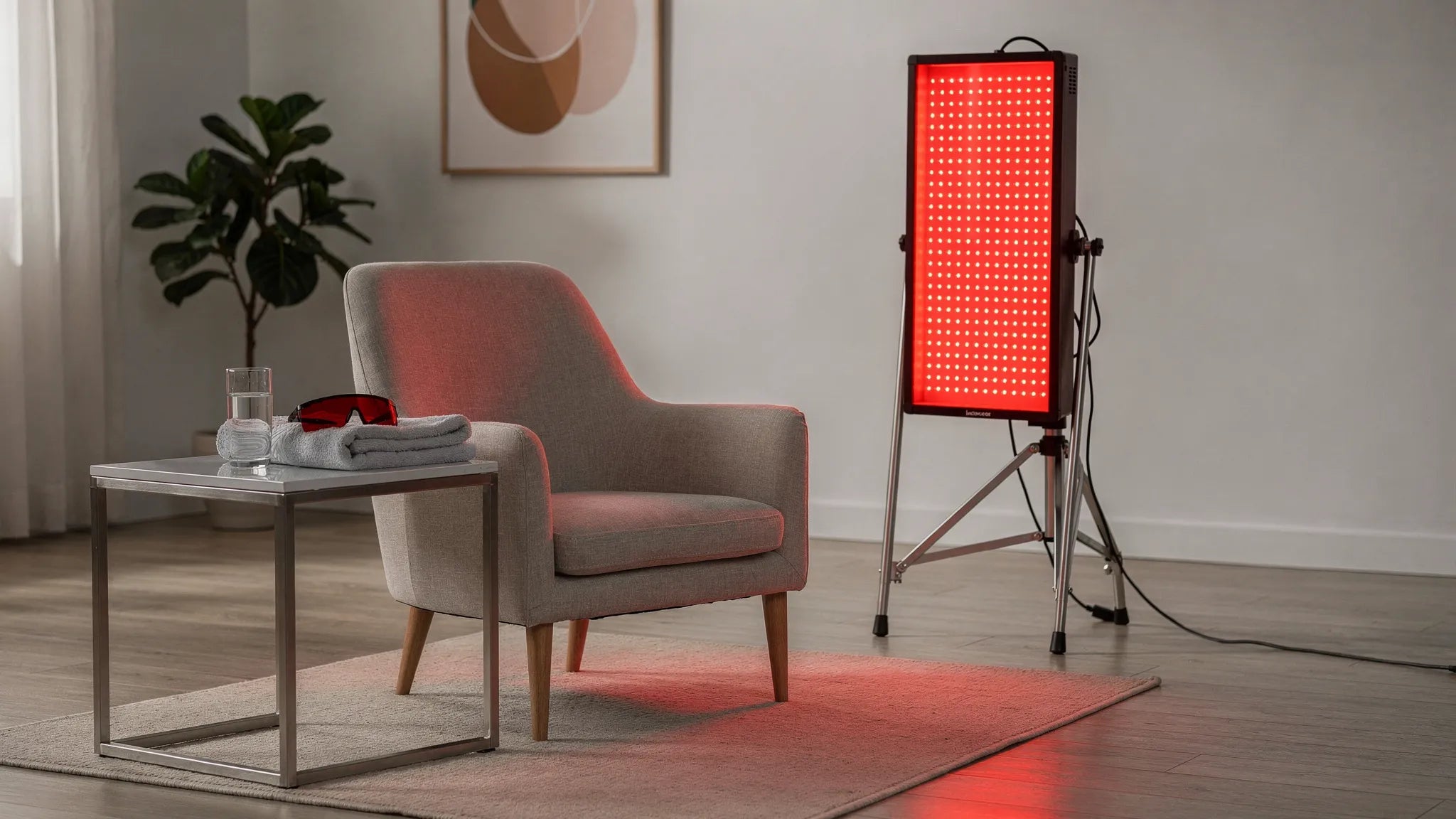 Red light therapy contact pads and panel system side by side in a home recovery room — comparing direct contact delivery versus distance-based panel exposure for targeted photobiomodulation