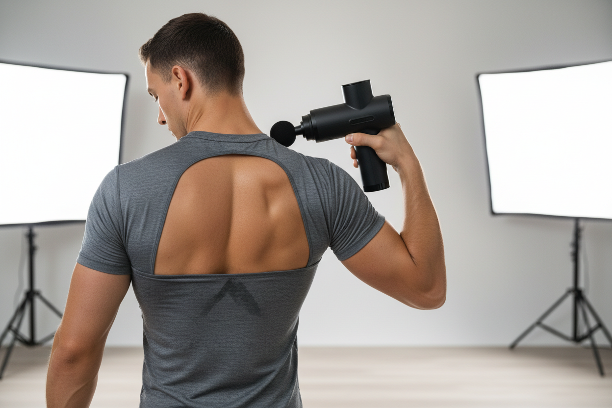 Athlete using a percussion massage gun on leg muscles, featured in this complete guide to the best massage gun for athletes in 2026