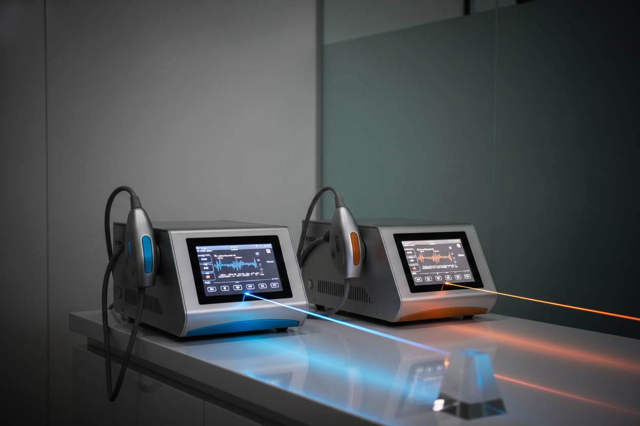 BIOFLEX vs K-Laser professional laser therapy systems side-by-side in a clinic setting — head-to-head comparison for 2026