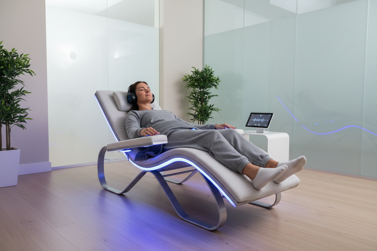 Person relaxing in a zero gravity harmonic frequency vibroacoustic therapy chair during a wellness session illustrating the form factor evaluated in this body balance system chaise lounge review