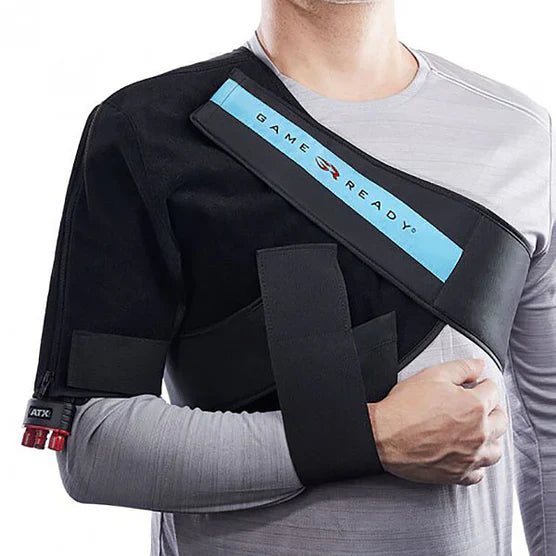 Game Ready shoulder wrap used with a shoulder ice pack machine for safer home use after surgery.