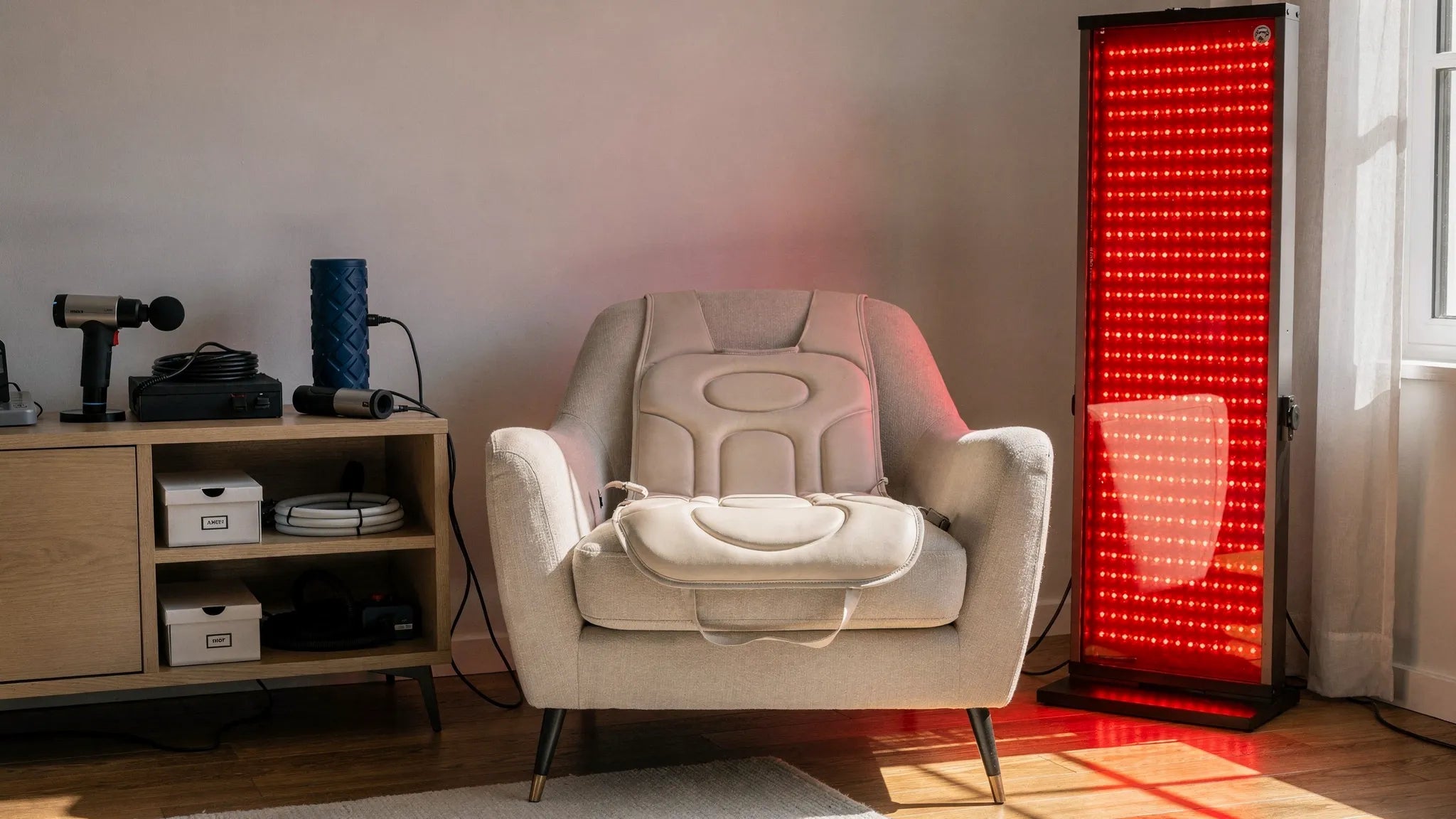 HealthLight vs PlatinumLED red light therapy — flexible contact pads next to a standing panel system showing two different delivery methods for photobiomodulation pain relief
