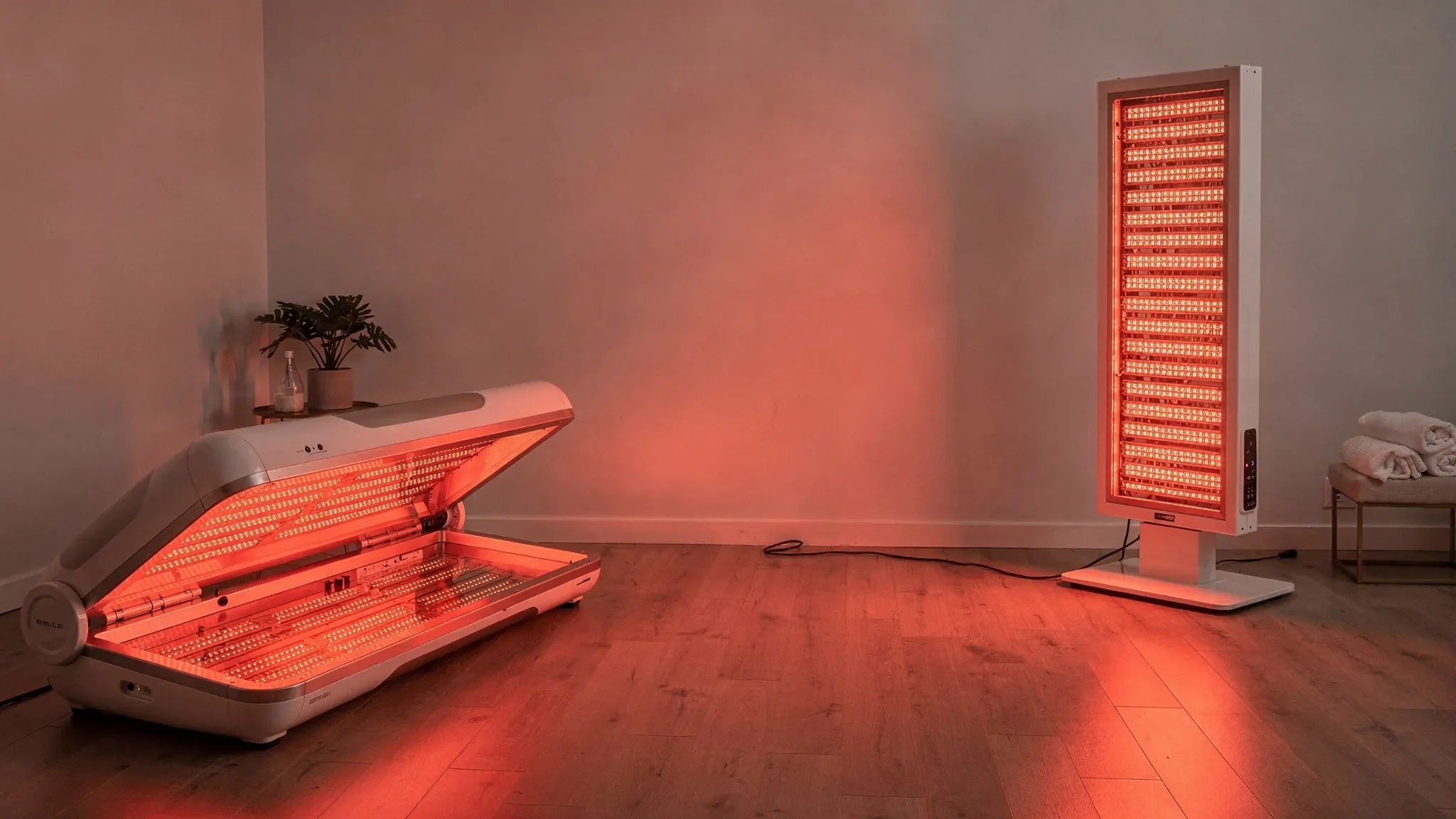 Person using a full-body red light therapy panel at home as part of an evening red light therapy for sleep protocol in a calm bedroom recovery setting before bed