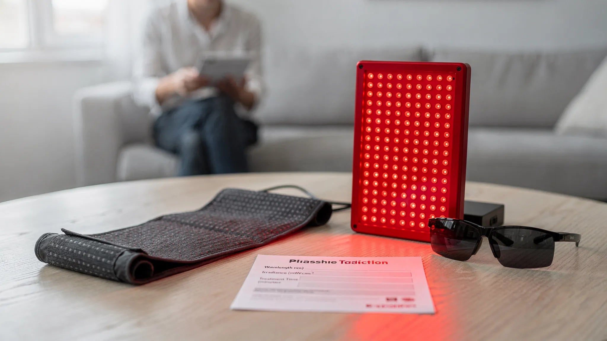 How to choose red light therapy devices: red light panel, flexible therapy pad, and protective eyewear on a table