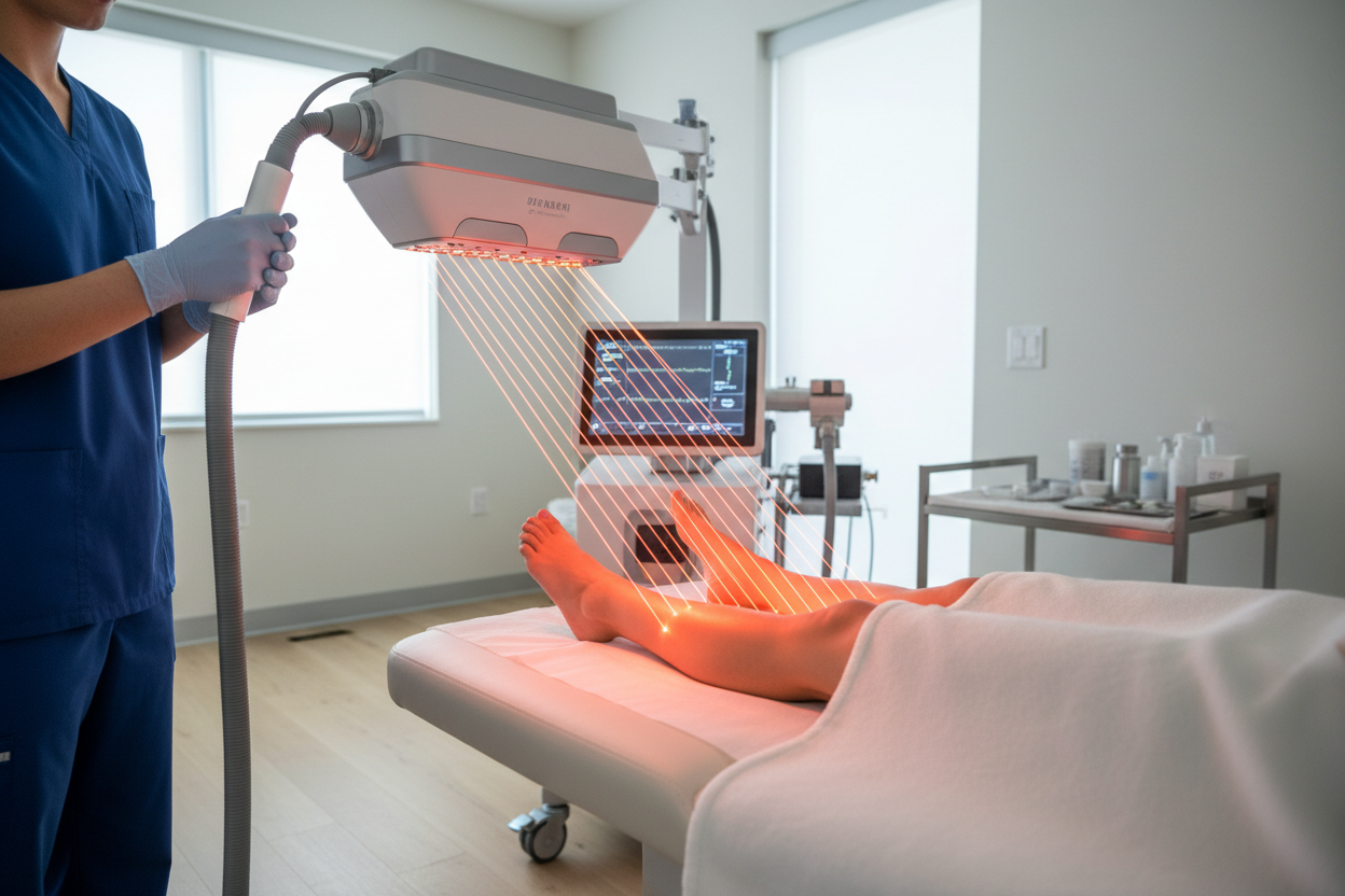 Cold laser therapy for clinic use — professional medical laser therapy device delivering photobiomodulation treatment in a clinical healthcare environment in 2026