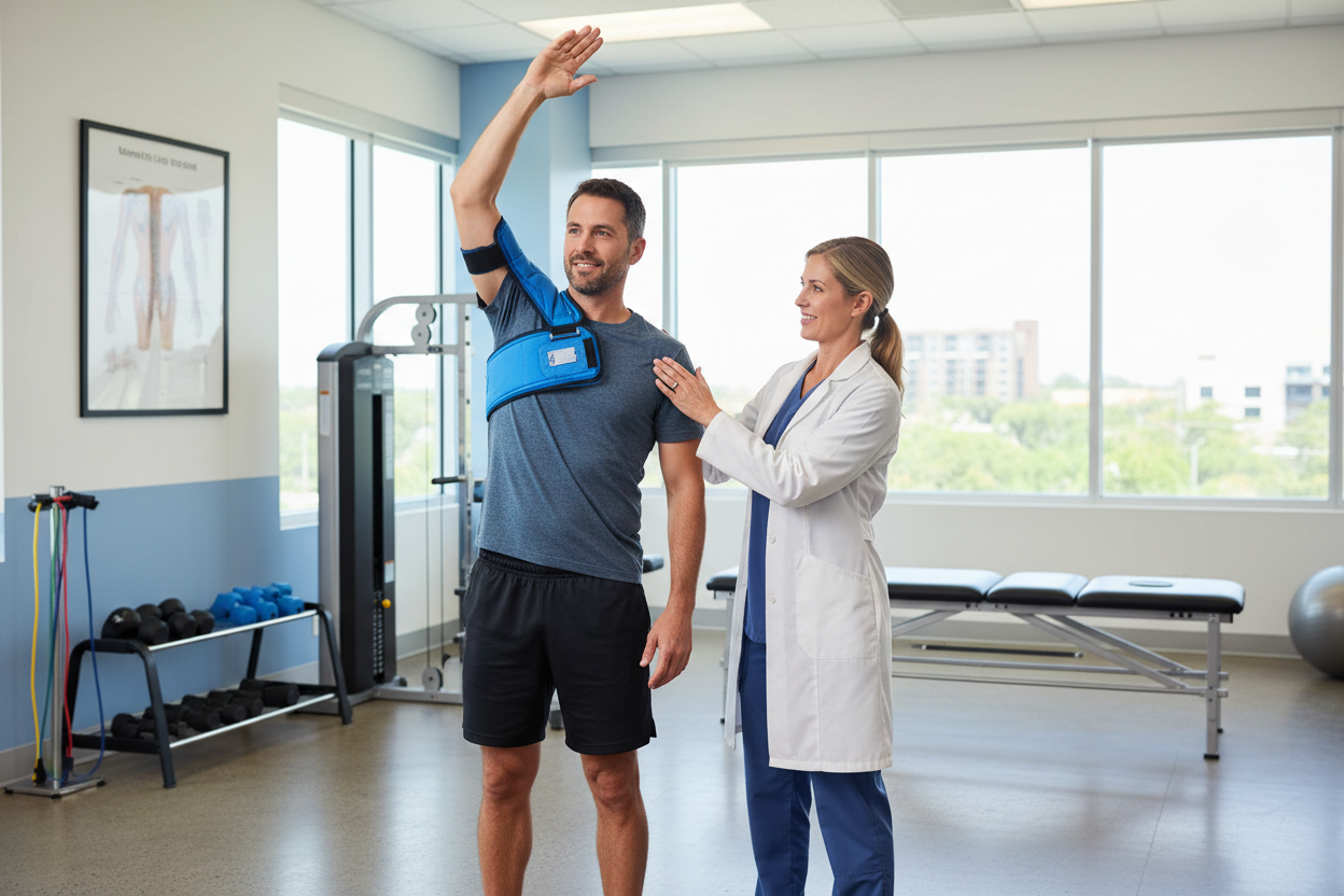 Physical therapist applying a cold compression therapy wrap to a patient's shoulder, illustrating what cold compression therapy is and how it supports faster recovery