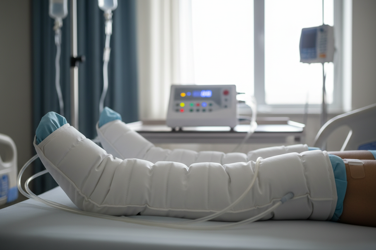 Sequential pneumatic compression boots fitted on a patient's leg, illustrating how compression boots support faster recovery