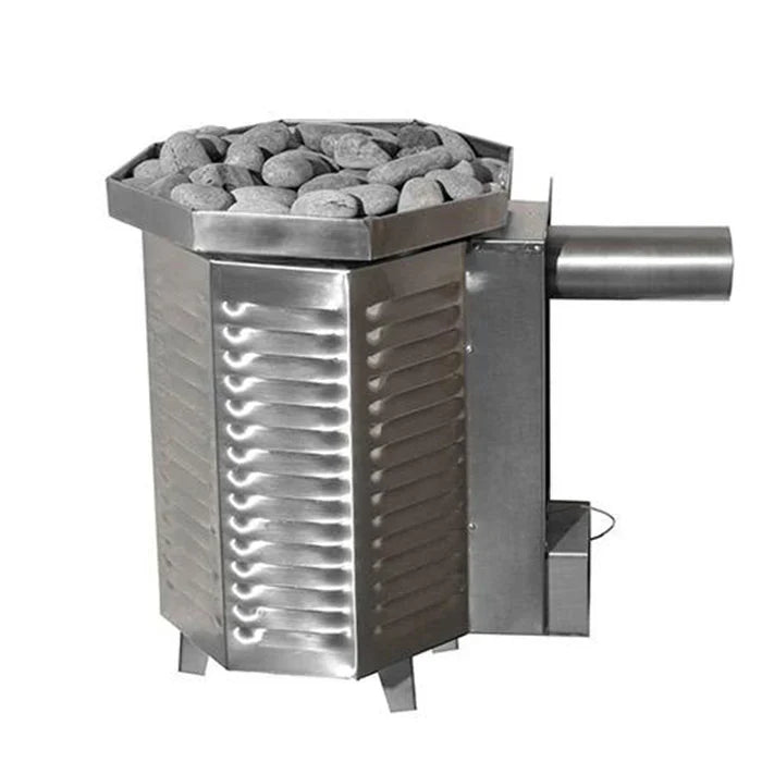 Front facing view of Scandia 40K BTU gas sauna heater with rocks and 24-hour timer control