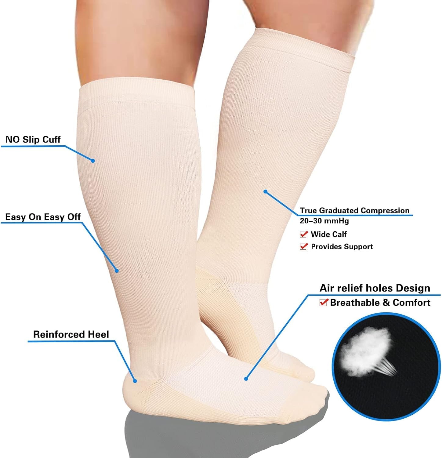 Plus Size Compression Socks Wide Calf Men Women Knee High 20-30 Mmhg Breathable Circulation Xl 2Xl 3Xl 4Xl 5Xl